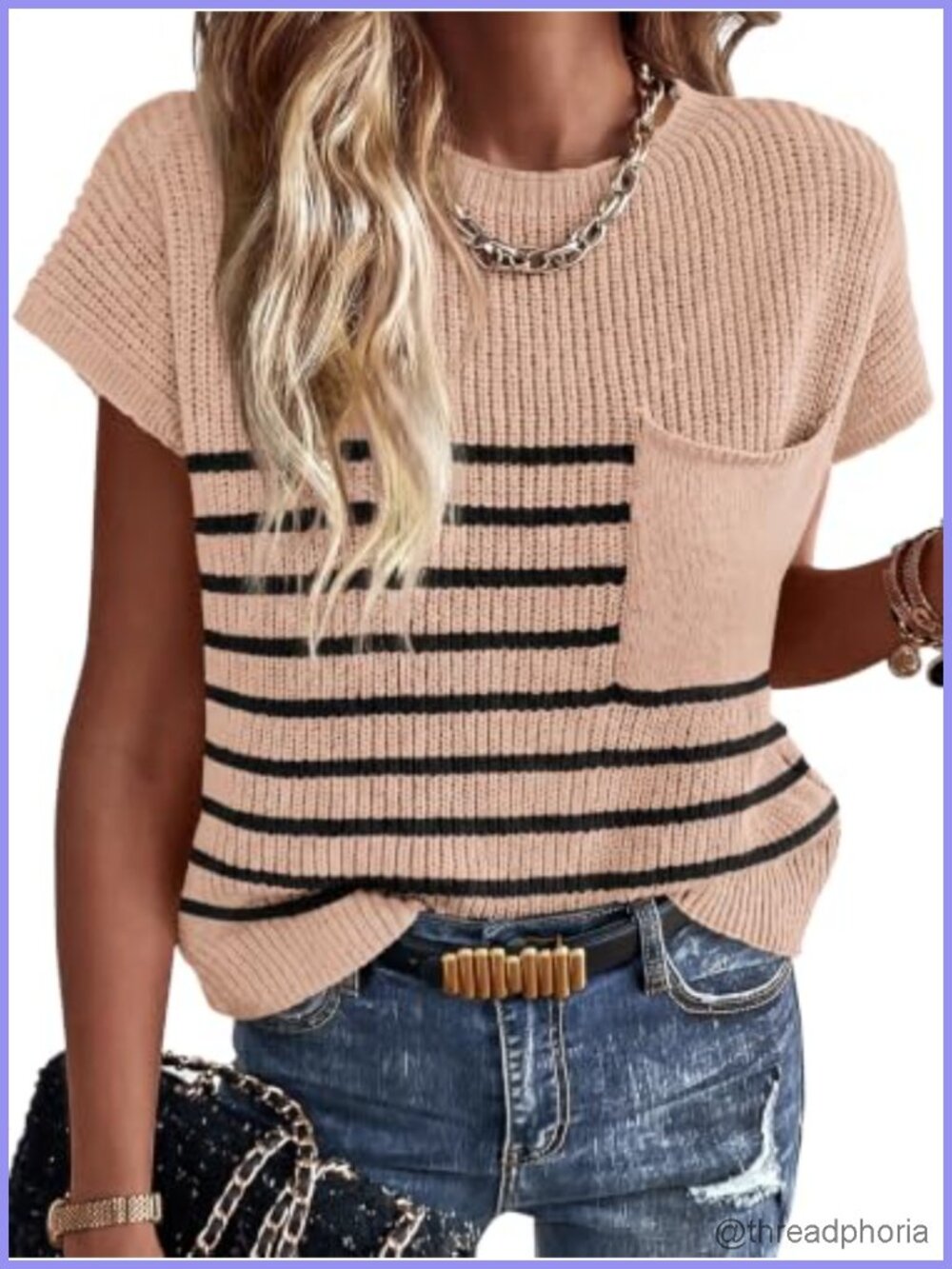 Women's Short Sleeve Knit Sweater Crew Neck Striped Loose Fit